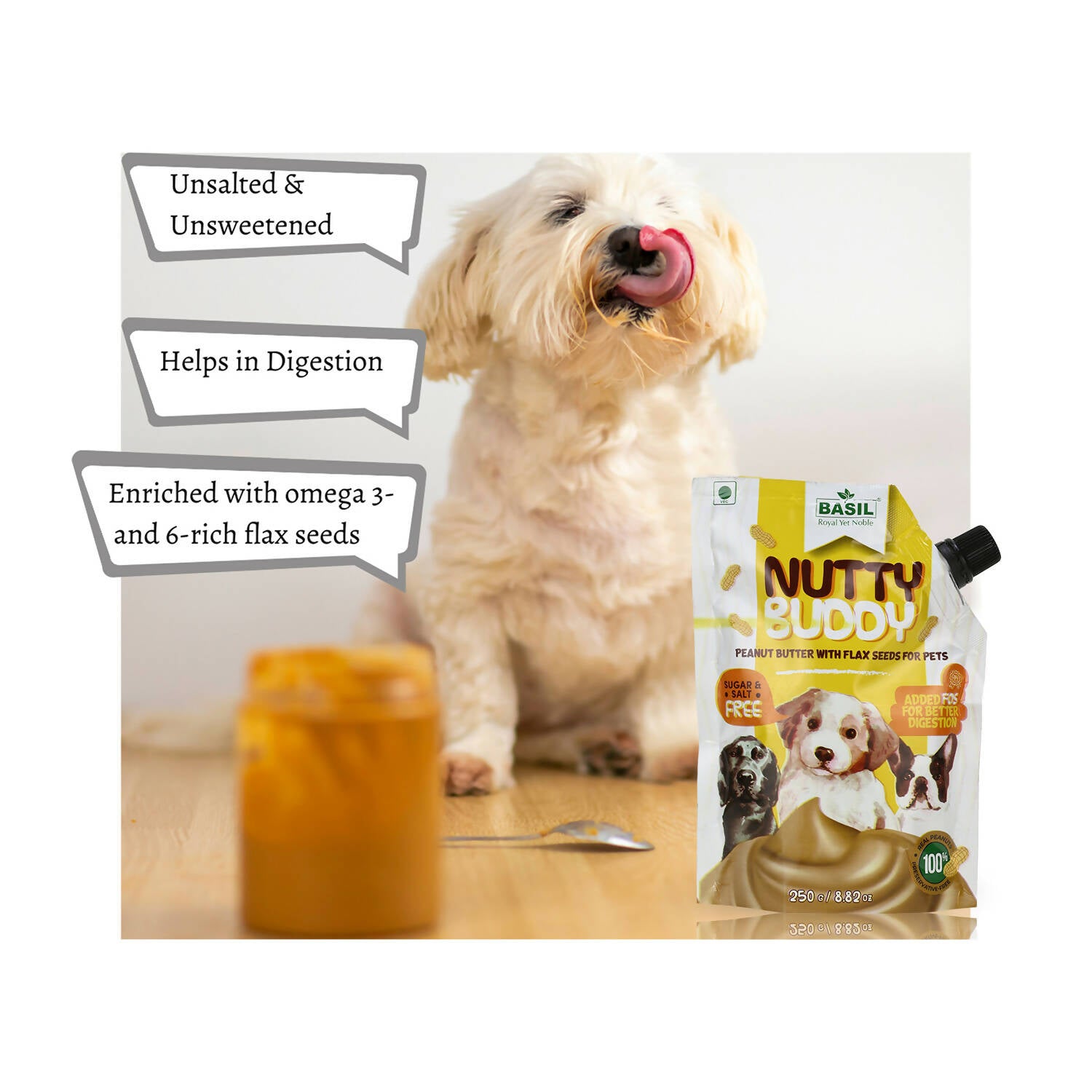 Basil Nutty Buddy Peanut Butter with Flax Seeds Treat For Dogs